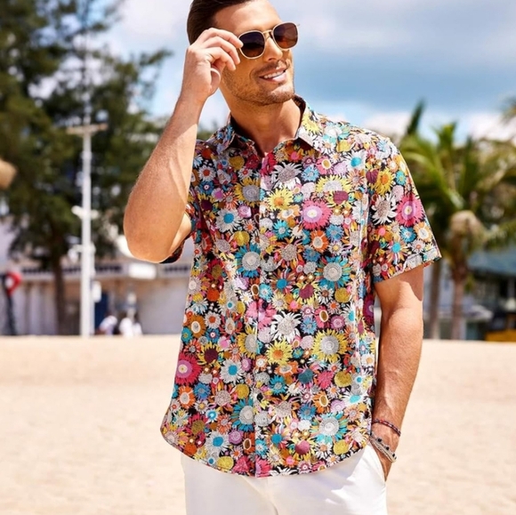 NWT Floral Multicolor Vacation Men's Buttondown Shirt 3XL I21 - Picture 3 of 7